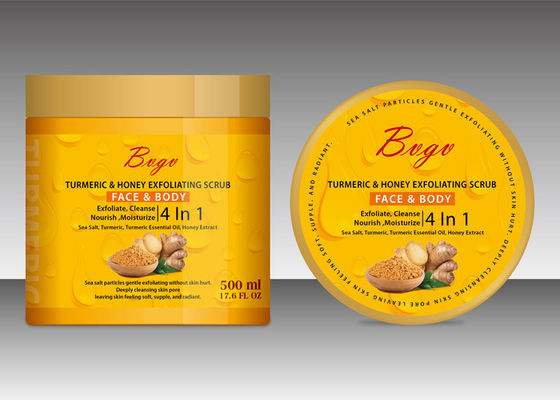 L'huile essentielle de safran des indes s'exfoliant le corps de sel de mer de gel de douche frottent jaune